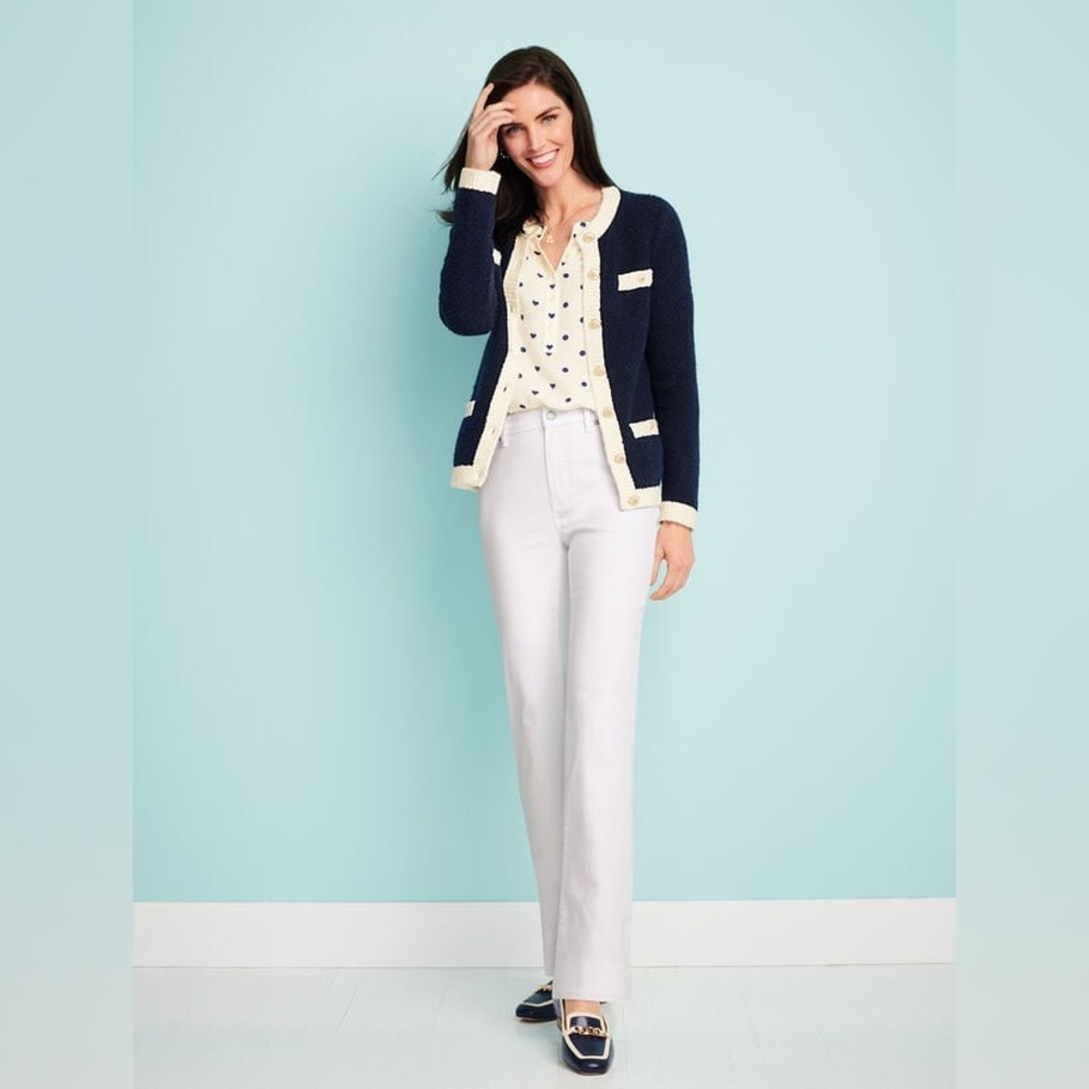 Talbots Bouclé Tipped Cardigan in navy and white with gold-toned buttons PS